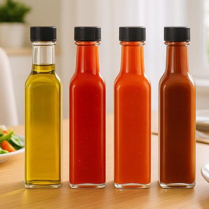 WERTIOO Hot Sauce Bottles 18-Pack 8.5oz Glass Bottles with Caps - Square Hot Sauce Containers for Homemade Chili Oil, Vinegar, BBQ - Empty for Liquid Storage & Gifting, Clear (Leakproof)