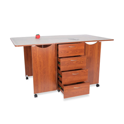 Kangaroo Kookaburra Cutting Table – Large Sewing, Quilting & Craft Workstation with Expandable 70” x 40” Surface, Storage Drawers, Shelves & Rolling Locking Casters, Teak Finish