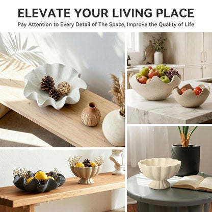 KEWOOL Wavy Decorative Bowl Home Decor - Set of 2 Modern Handmade Decorative Fruit Bowl for Kitchen Counter, Creative Centerpiece Decor for Entryway Table Coffee Table, Artificial Stone Beige