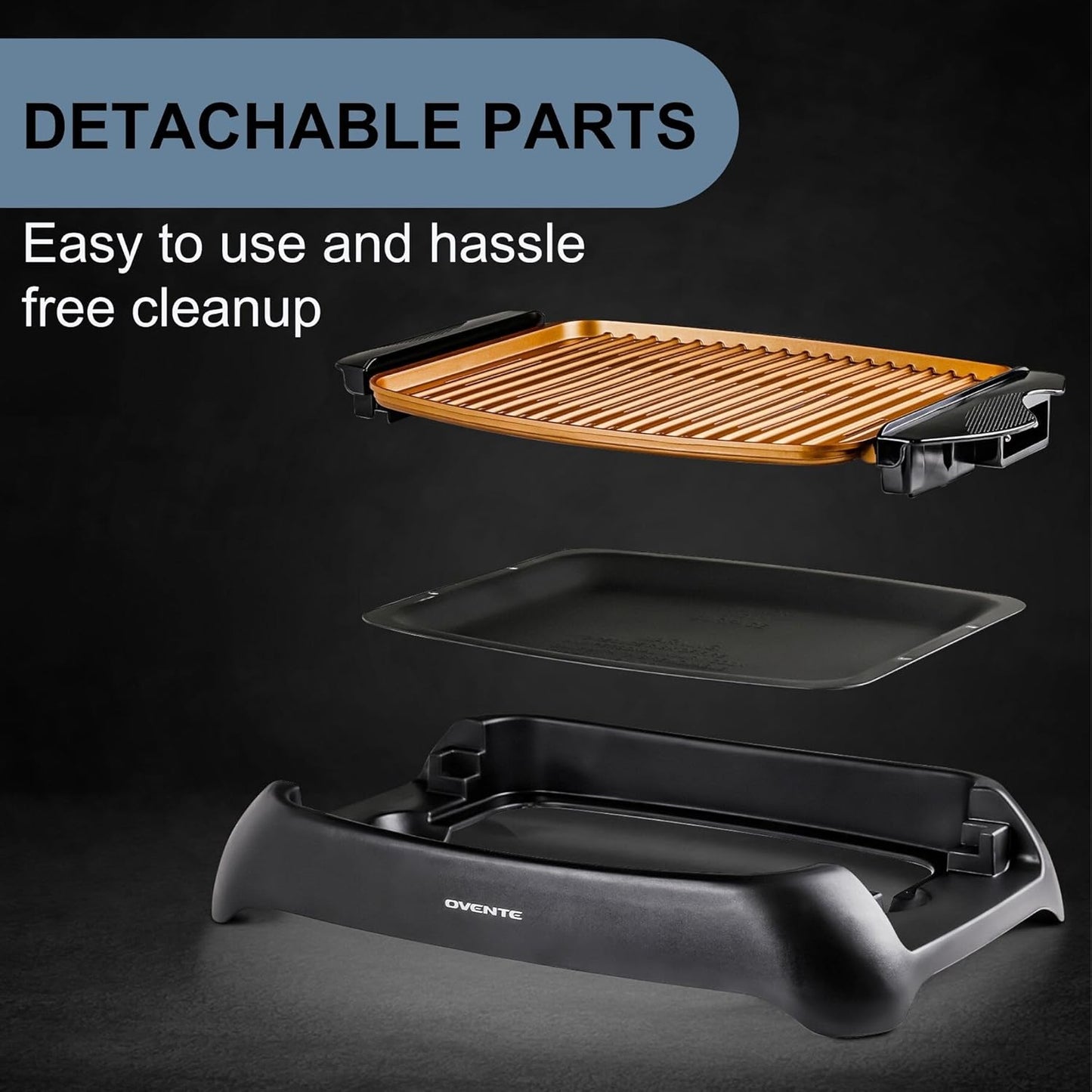 OVENTE Electric Indoor Grill, 13x10 Inch Non-Stick Surface, 1000W Fast Heat, Adjustable Temperature, Dishwasher Safe
