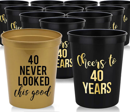 Your Dream Party Shop Cheers to 40 Years Birthday Cups - Set of 12 Black and Gold 40th Birthday Decorations