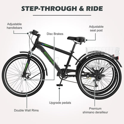 H&ZT Adult Tricycle, 3 Wheeled Bike, Trike Cruiser Bike, with 7-Speed Gear, Parking Brake Handle, Low Step, Large Rear Basket, Elderly Friendly, for Men, Women, and Teens