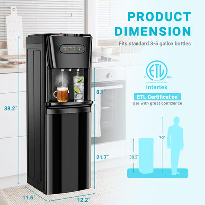 Manastin Bottom Loading Water Cooler Dispenser，3 Temperature Settings - Hot, Cold & Room, Empty Bottle Indicator, Child Safety Lock, Ideal for Office, Home, Living Room, Matte Black