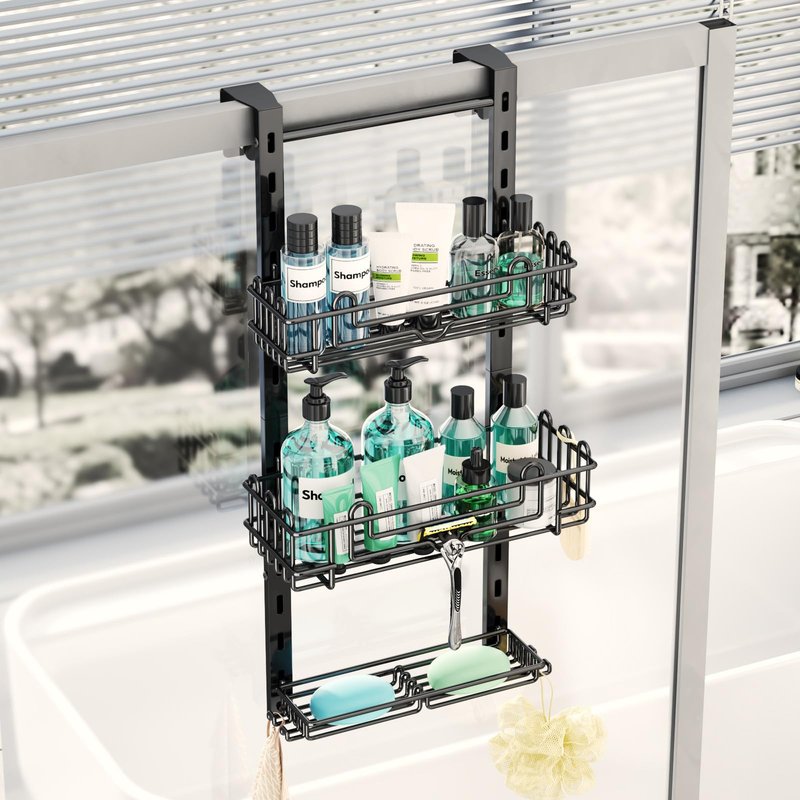 HapiRm 3 Tier Over the Door Shower Caddy, Hanging Shower Caddy with 16 Hooks and 2 Soap Holders, No Drilling Adjustable Hanging Bathroom Organizer - Black