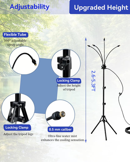Upgraded 5.3FT Outdoor Misting System, Adjustable Stand with 360° Flexible Hose & 0.5mm Nozzles for Ultra Fine Mist, Patio Cooling Kit for Backyard, Pool, BBQ - Includes 26FT Hose & Tripod