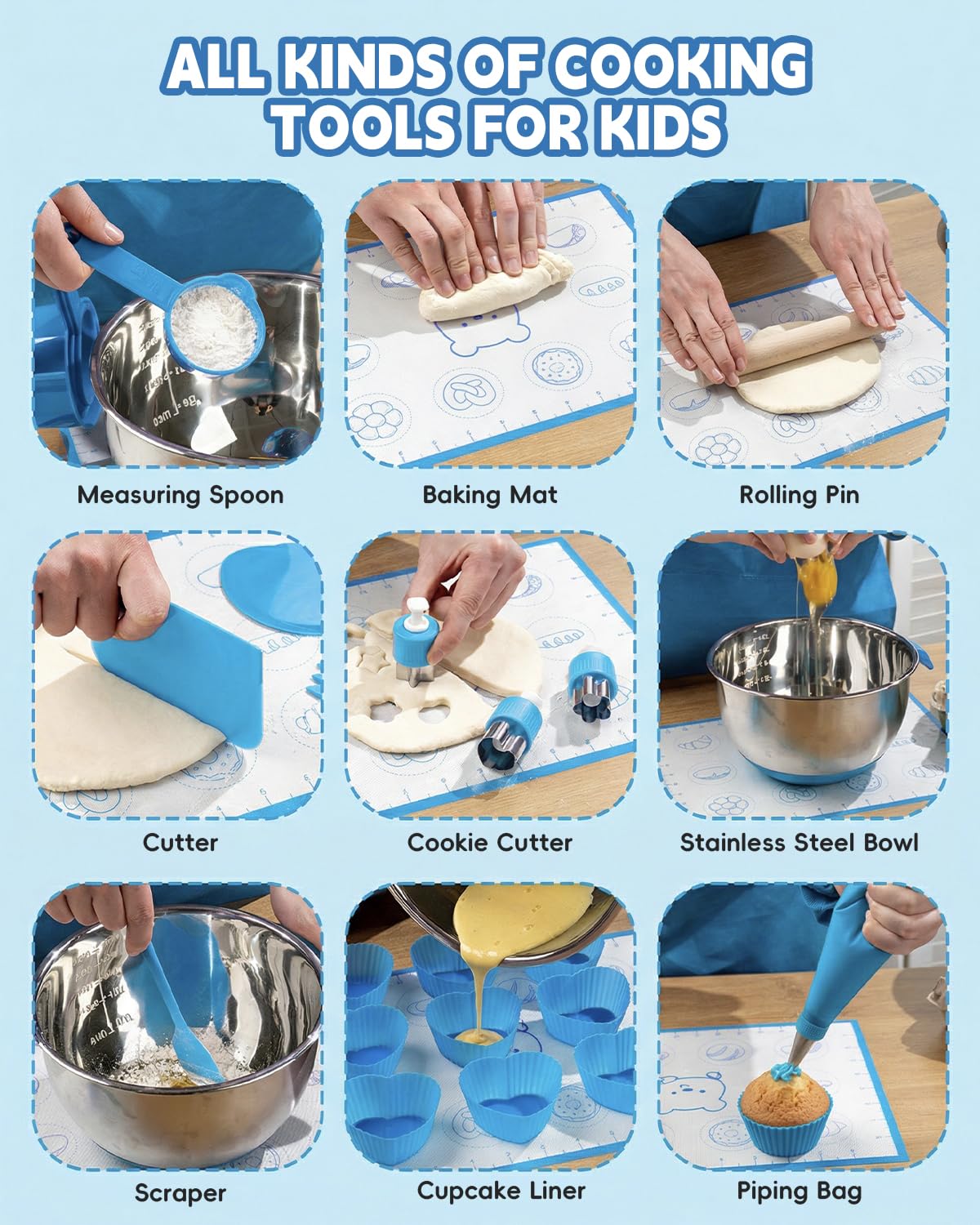 Kids Baking Set–Real Cooking Set for Kids with Kids Cooking Utensils & Kitchen Accessories, Measuring Tools & Baking Supplies,Great Gift for Pretend Play & Montessori Learning (Blue)