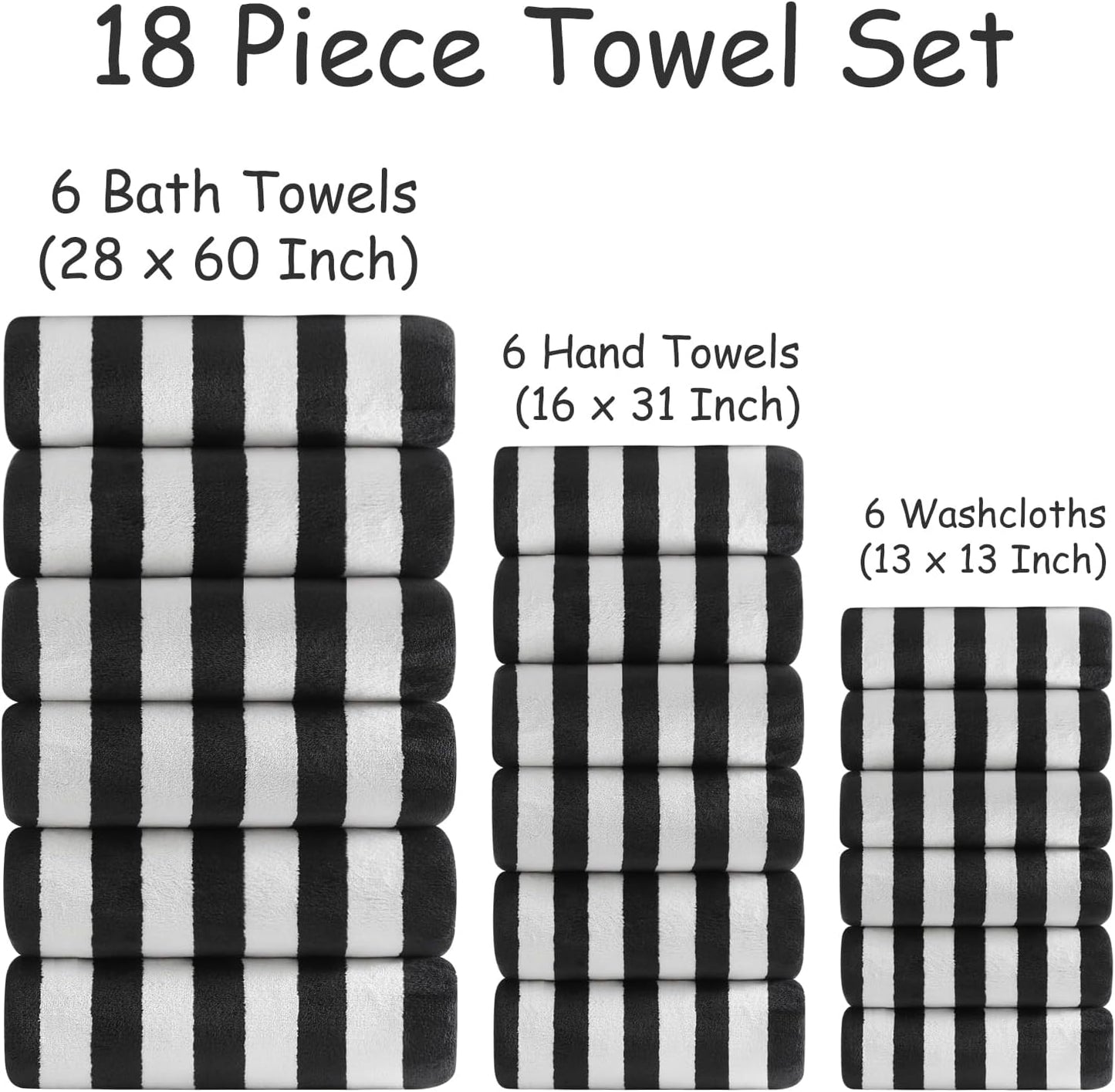 18 Set Loop-6 Towels,6 Towels,6 Set Pcs Black White Stripe Bath Towel with Hanging Bath Hand Washcloths Soft Family