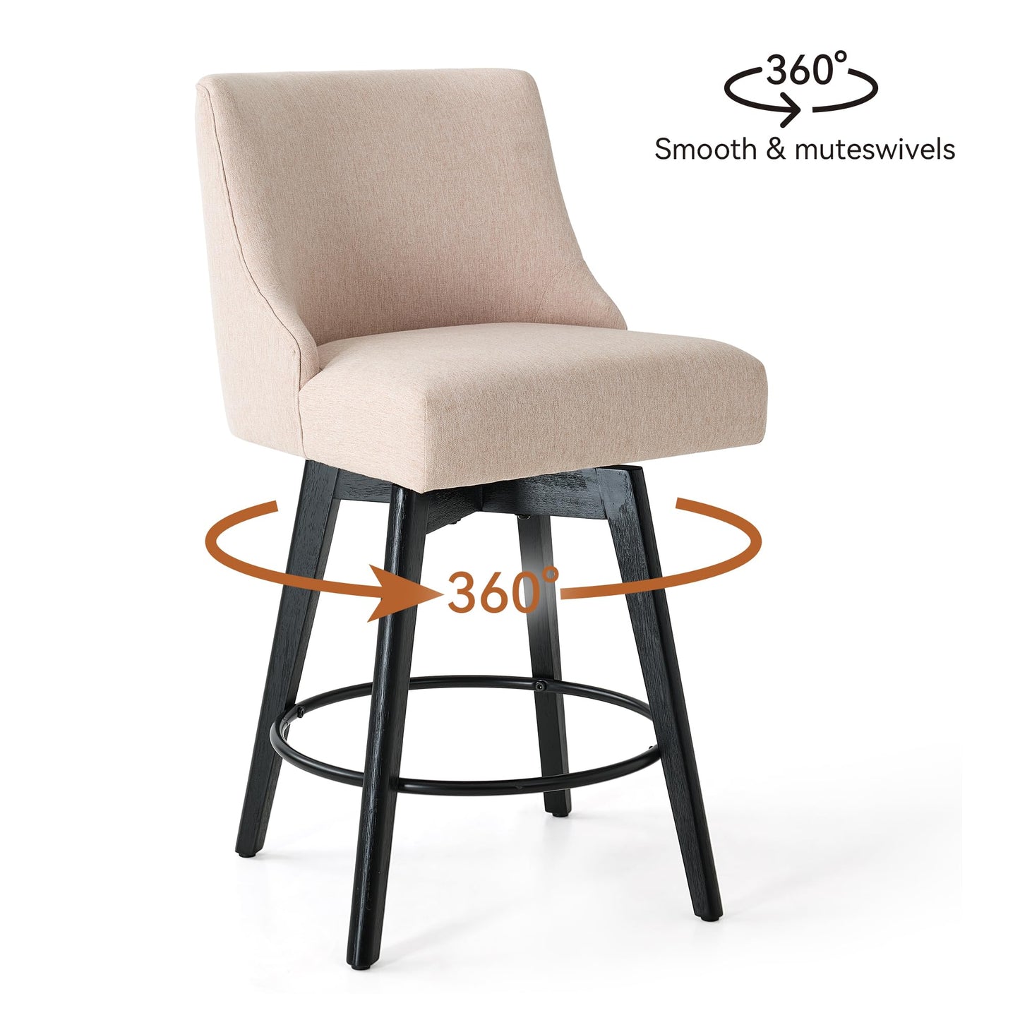 Vipbear Counter Height Bar Stools Set of 2, Modern Linen Fabric Swivel Barstools with Contoured Backs and Solid Wood Legs, 26" Seat Height Upholestered Bar Chairs for Kitchen Island, Flax Beige