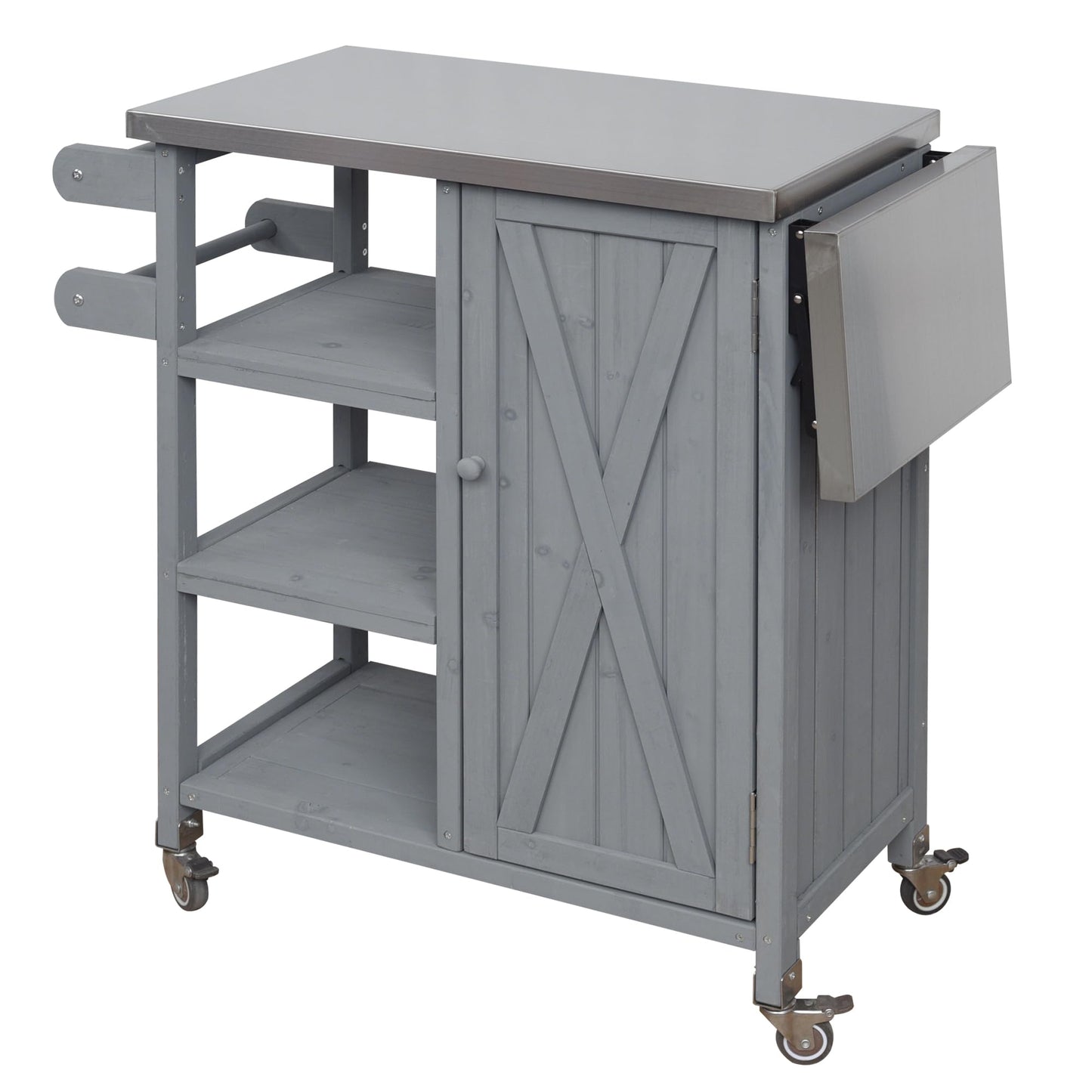 Foldable Outdoor Kitchen Island Cart with Stainless Steel Top, Rolling Grill Table with Storage Cabinet Shelves and Double Towel Rack, Wooden BBQ Prep Station with Lockable Wheels for Patio, Grey
