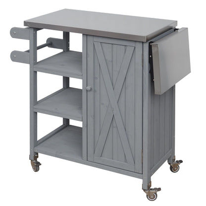 Foldable Outdoor Kitchen Island Cart with Stainless Steel Top, Rolling Grill Table with Storage Cabinet Shelves and Double Towel Rack, Wooden BBQ Prep Station with Lockable Wheels for Patio, Grey