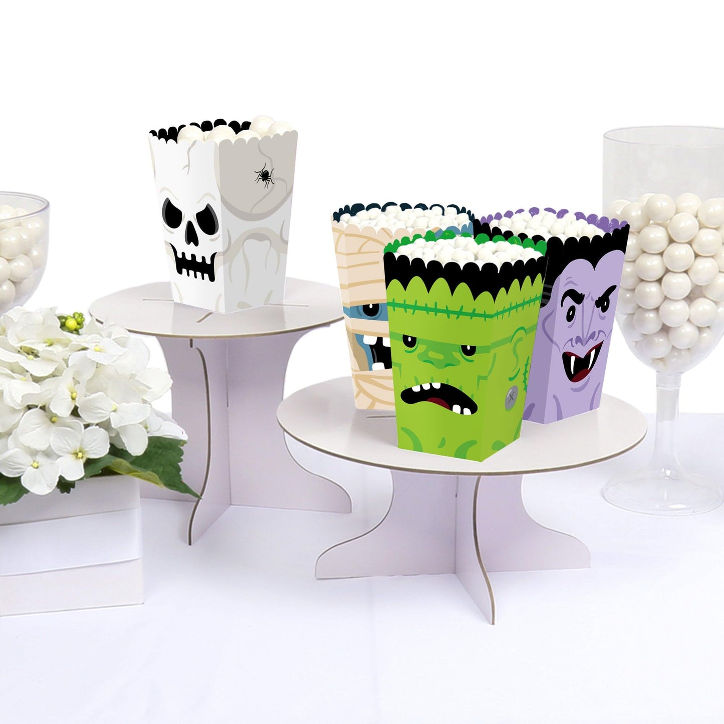 Big Dot of Happiness Halloween Monsters - Skeleton, Dracula, Frankenstein, and Mummy Treat Bags - Halloween Party Popcorn Boxes - Set of 12