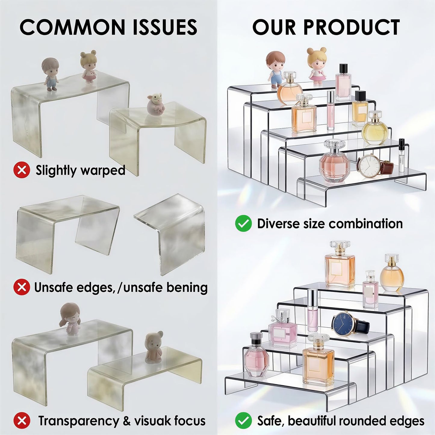 Fixwal 10pcs 2 Set Acrylic Risers for Display Clear Perfume Organizer Stands Acrylic Display Risers for Show Figures, Cupcake, Jewelry, Toys, Perfume and More (Large Size)