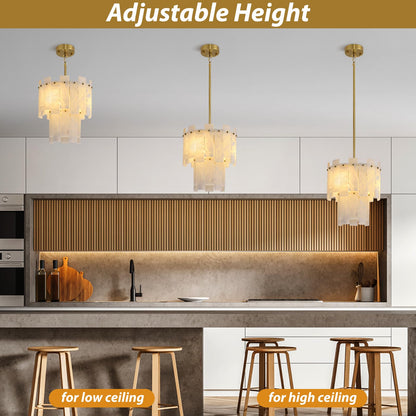 PIOUTNF Alabaster Round Chandelier, 2-Tier Spanish Alabaster Chandeliers, Warm White, 13" Modern Small Gold Marble Pendant Chandeliers for Foyer, Kitchen Island, Dining Room, Bedroom