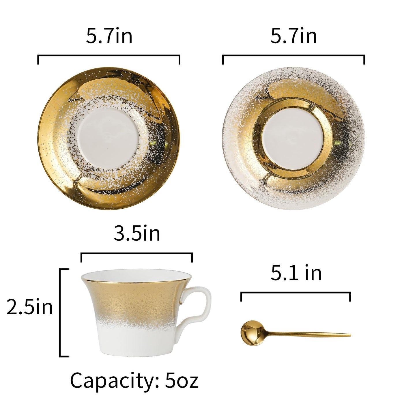 Andaliz Tea Cups and Saucers Set of 2 with Gold Spoon, Ceramic Coffee Cups with Matching Plates, Handcrafted Gold & Silver Glaze, Luxury Cup & Saucer Gift Set with Box, 5oz