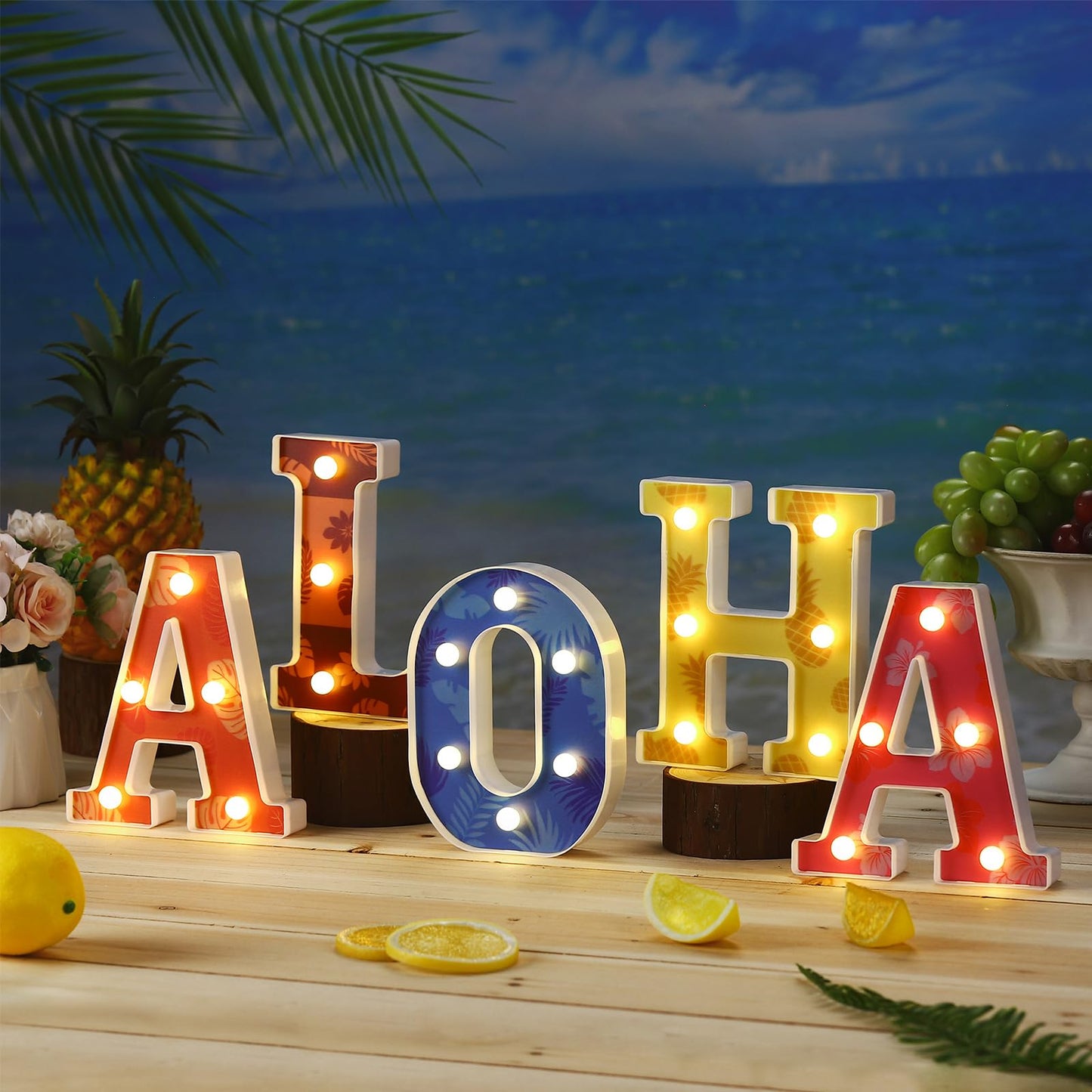 Grinsvalley Hawaiian Luau Party Decorations Aloha Light up Sign Summer Aloha LED Marquee Letter for Party Decorations Hibiscus Tropical Alphabet Letter Summer LED Lights for Wedding Night Birthday