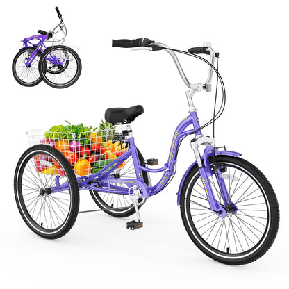 EOYOBIKE Adult Folding Tricycle, 7-Speed 3-Wheel Cruiser Bike with Low Step-Through Frame, Large Rear Basket, Adjustable Seat, 20/24/26 Inch Options