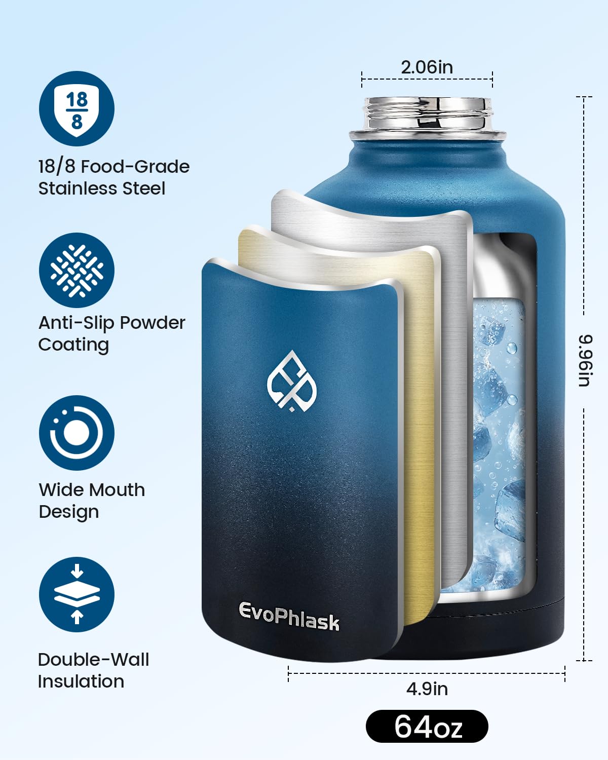 EvoPhlask 64 oz Insulated Water Bottle(Cold for 48Hrs), Large Stainless Steel Water Bottle BPA Free, Leak Proof Half Gallon Water Jug for Sport, Hiking, Camping, Travel, Indigo Black