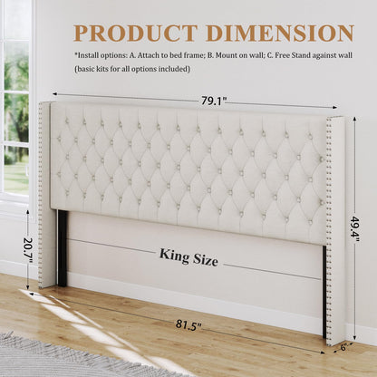 Furpopup King Size Headboard Only, Wingback Wall Mount Headboard King Size for Adjustable Bed Featuring High-Density Sponge Padding, Luxury Texture Easy Assembly Comfort and Style, Ivory