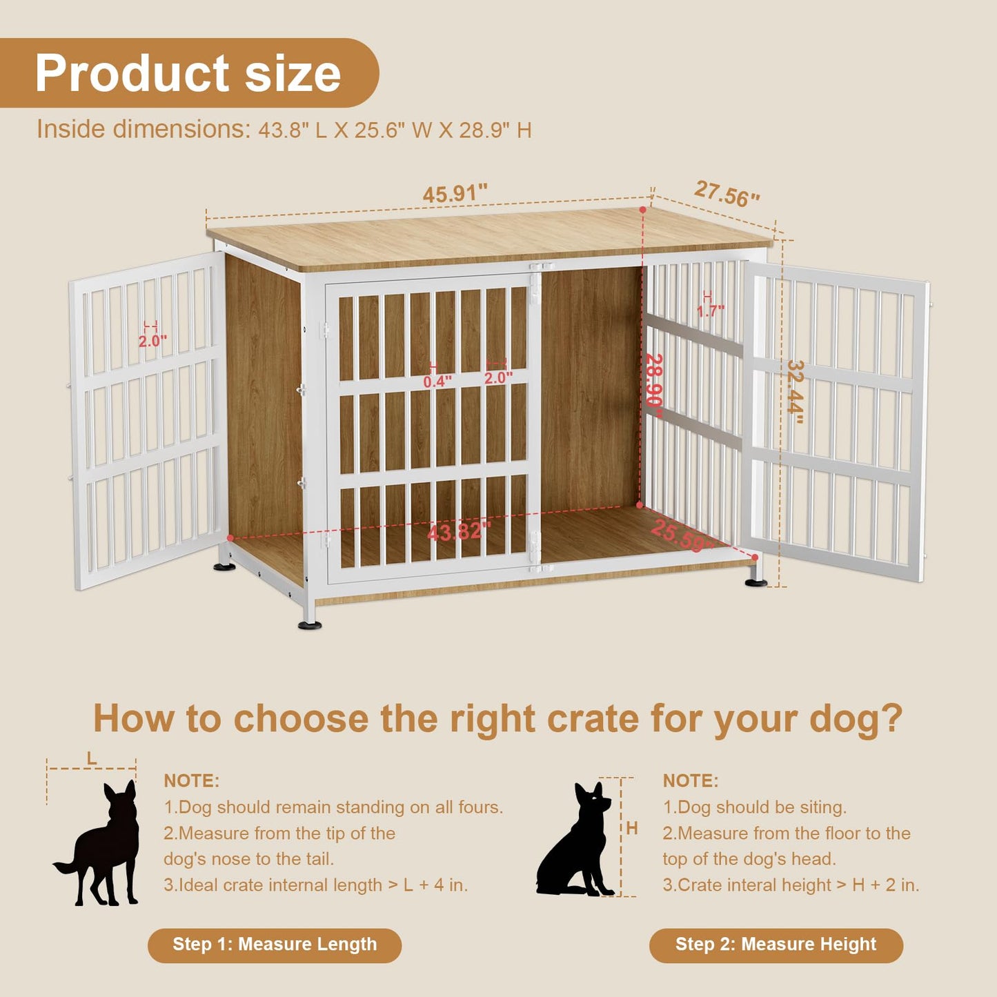 46" Dog Crate Furniture with Wheels, XXL Heavy Duty Dog Kennel Indoor for XL Dogs, Metal Chew-Proof Dog Cage, 45.9" L x 27.6" W x 32.4" H, Decorate House as TV Stand, End Table — Natural and White