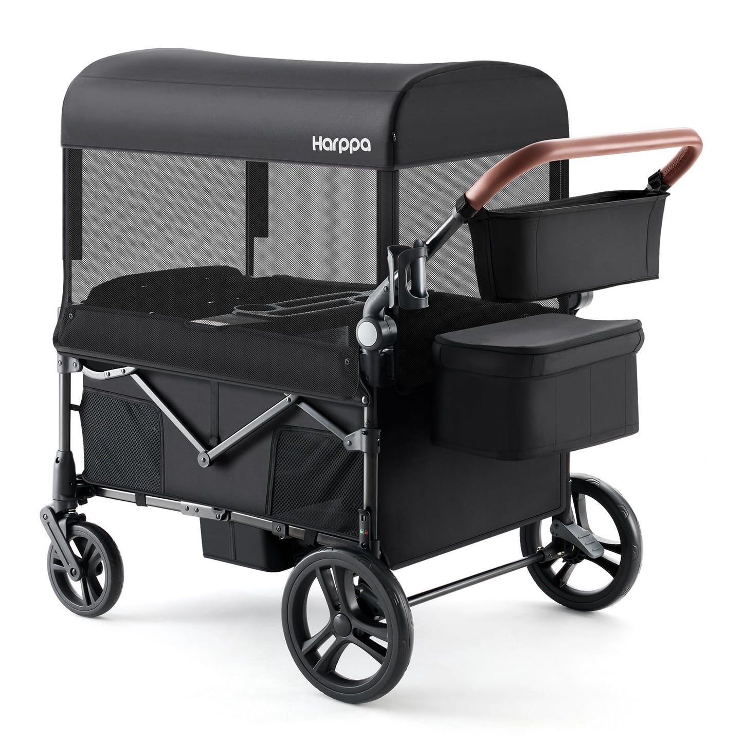 Harppa Remy Wagon Stroller for 4 Kids, Foldable 4-Seater Stroller Wagon with Mosquito Net Canopy,Snack Tray, All-Terrain 11" Wheels, 220Ibs Capacity for Beach,Zoo,Growing Family Outings Toddler Black