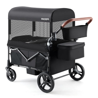 Harppa Remy Wagon Stroller for 4 Kids, Foldable 4-Seater Stroller Wagon with Mosquito Net Canopy,Snack Tray, All-Terrain 11" Wheels, 220Ibs Capacity for Beach,Zoo,Growing Family Outings Toddler Black
