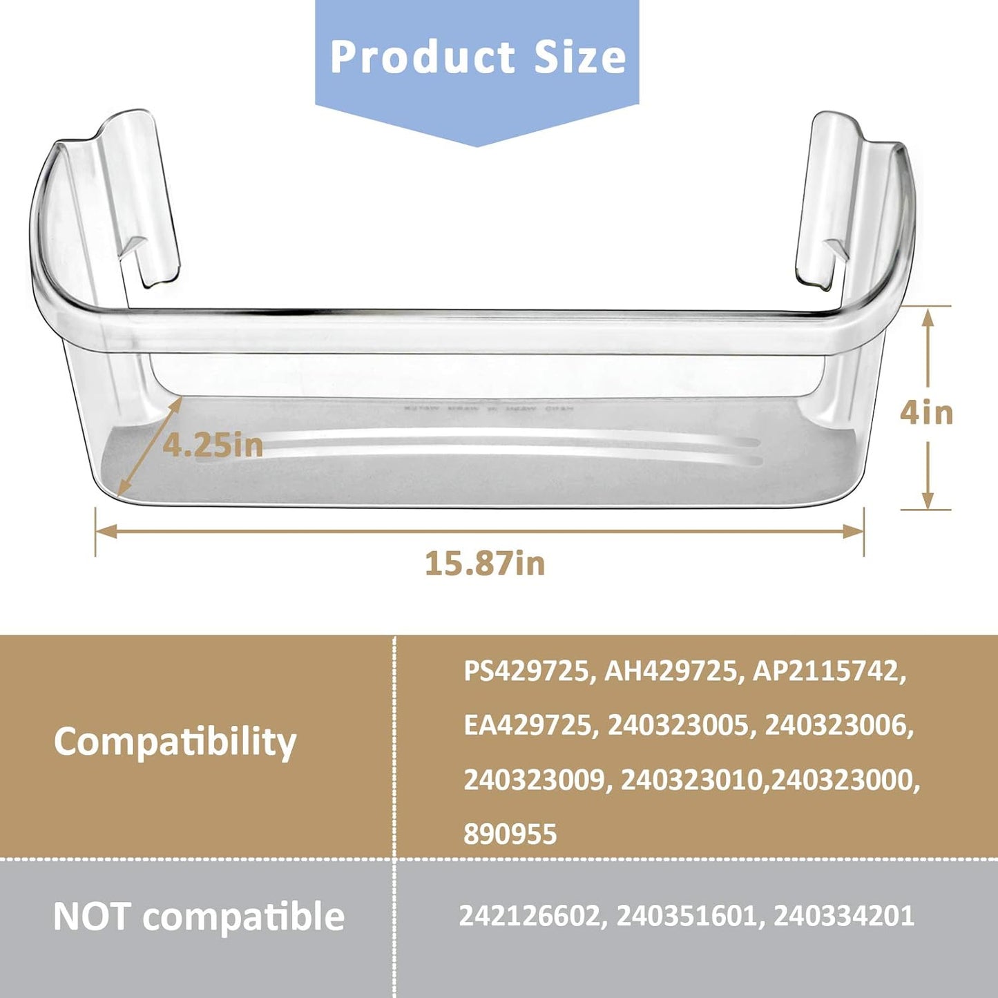 240323002 Refrigerator Door Bin Shelf for Frigidaire or Electrolux, Clear, Bottom 2 Shelves, Replaces PS429725