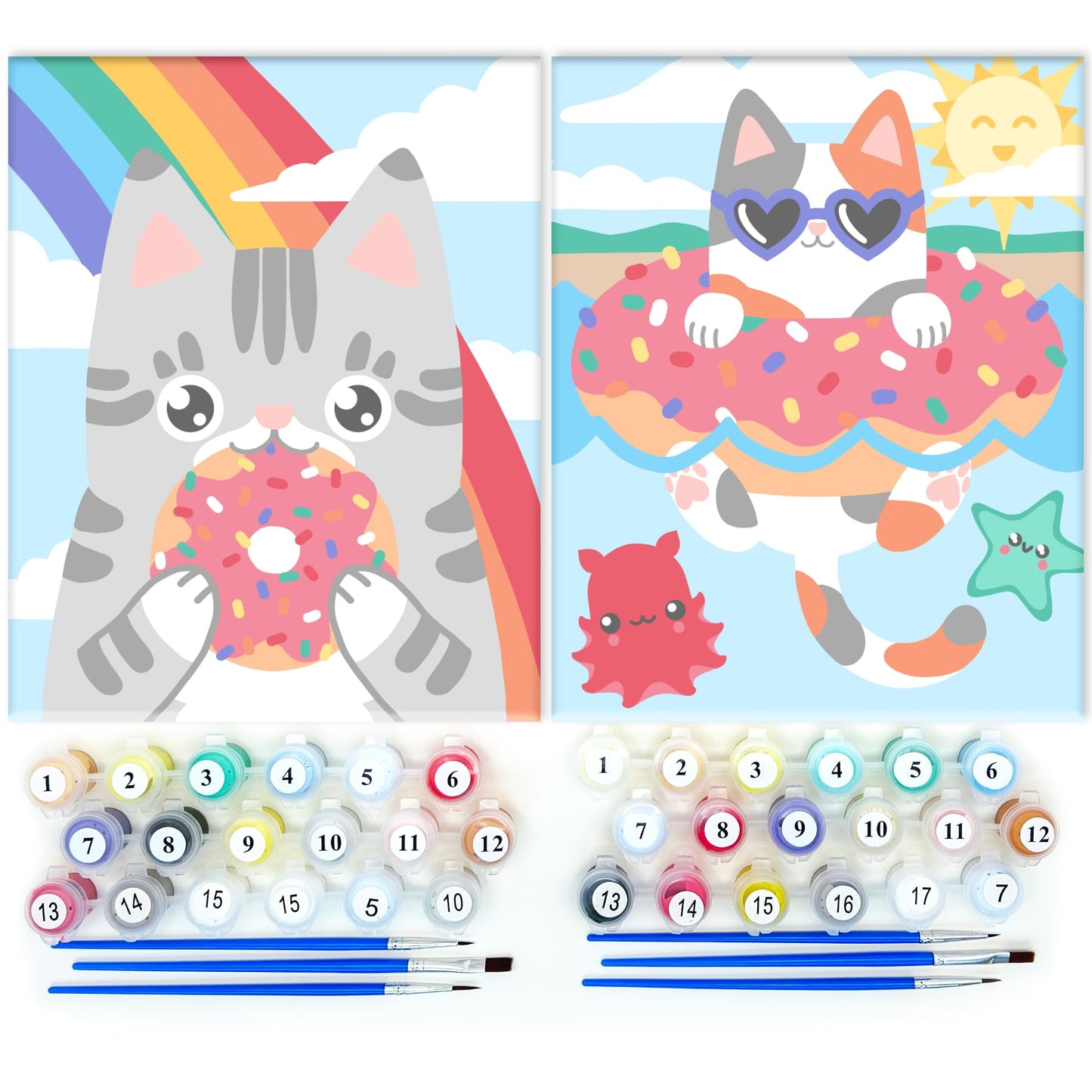Astrakuma Studio Paint by Numbers for Kids Ages 8-12 - Cat Donut Painting by Number Kits with Pre Drawn Canvas Boards, Small Animals Paint and Sip Kit for Beginner Artist, Easy Acrylic Paint-By-Number