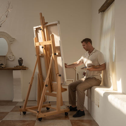MEEDEN Enlarged Heavy-Duty H-Frame Easel: Artist Solid Beech Wooden Studio Easel - Professional Painting Art Easel Stand with 4 Lockable Wheels & Leveling Bolts - Hold Canvas up to 86" H