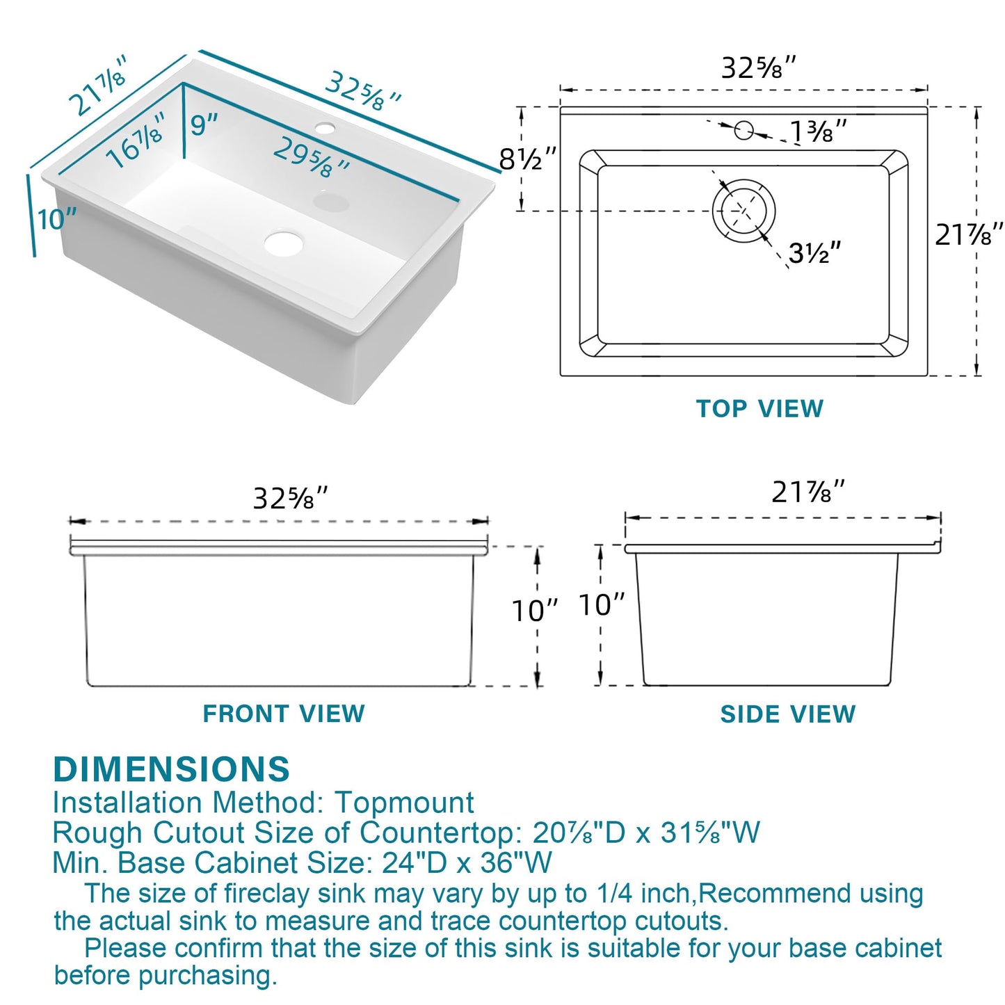 HOMLYLINK 33x22 Drop In Kitchen Sink White 1 Hole, 33 Inch Topmount Fireclay Sink Drop In Single Bowl, Heavy Duty Large Capacity Deep Basin, w 2 Custom Accessories, Pure White, for Kitchen