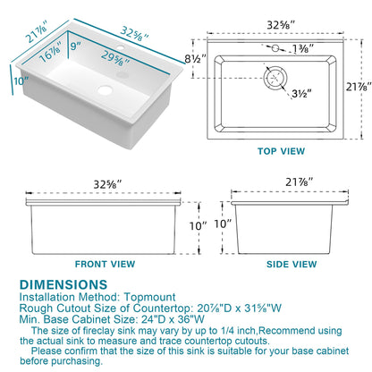 HOMLYLINK 33x22 Drop In Kitchen Sink White 1 Hole, 33 Inch Topmount Fireclay Sink Drop In Single Bowl, Heavy Duty Large Capacity Deep Basin, w 2 Custom Accessories, Pure White, for Kitchen