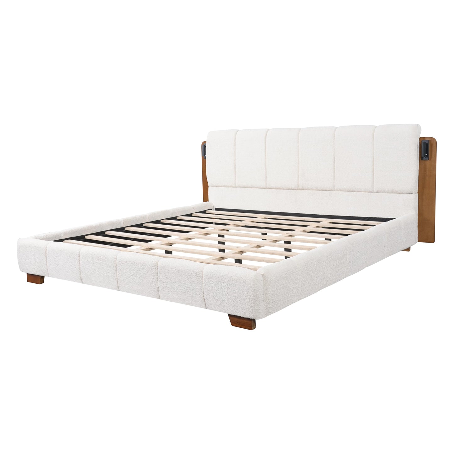 Christopher Knight Home Dora Boucle Upholstered King Bed Frame and Headboard, King Platform Bed and Reading Light, Wooden King Size Bed Frame with Tufted Design, No Box Spring Needed, White + Brown