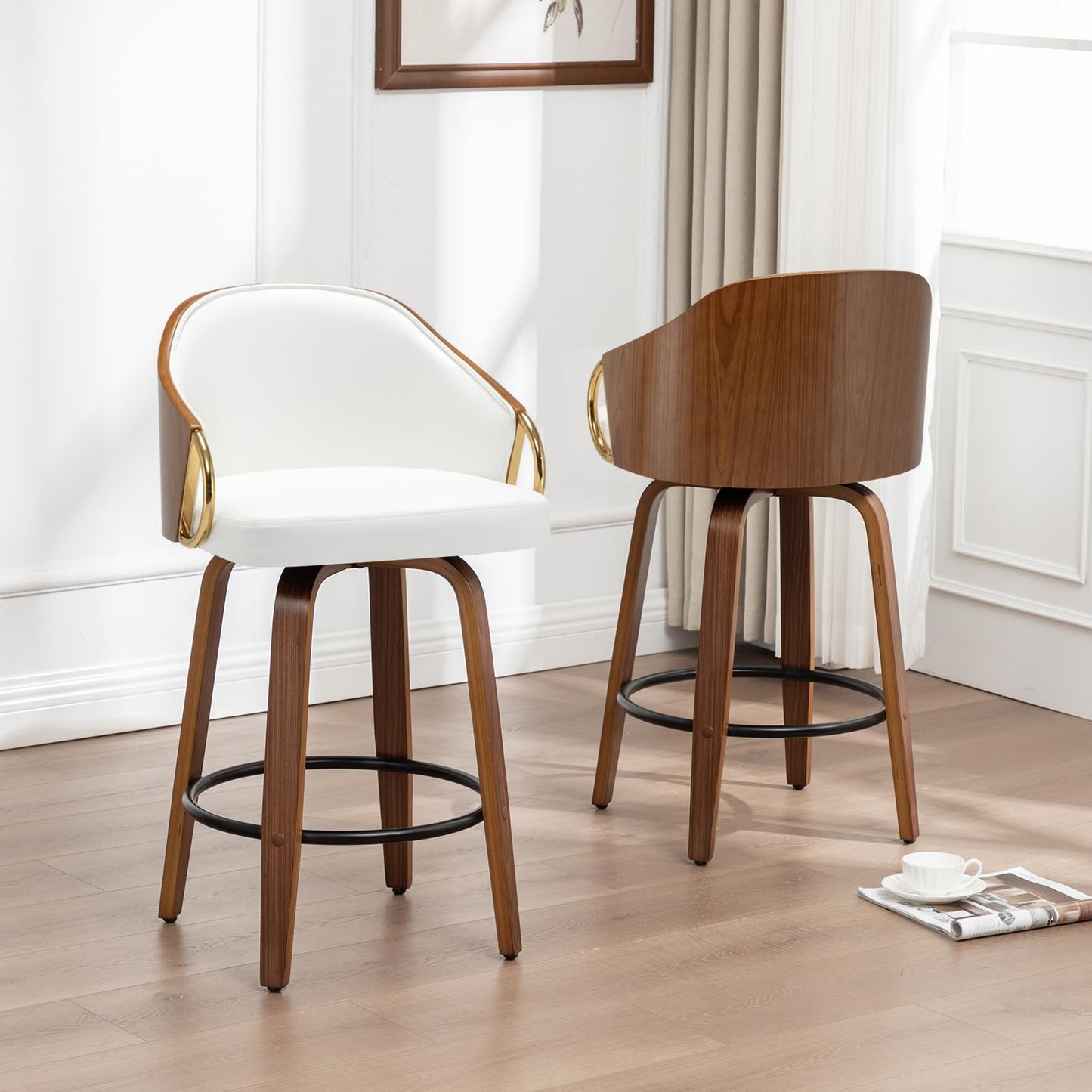YOUUGIOR 30" Swivel Bar Height Bar Stools Set of 2,White Leather Tall Barstools Mid Century Modern Bar Chairs with Wood Legs and Golden Arms for Kitchen Dining Pub Cafe