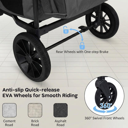 BABY JOY Wagon Stroller for 4 Kids, Foldable Stroller Wagon with Removable Canopy, Adjustable Handle, Snack Tray, Parent Organizer, 5-Point Safety Harness, Convertible Diaper Bag/Changing Pad (Gray)