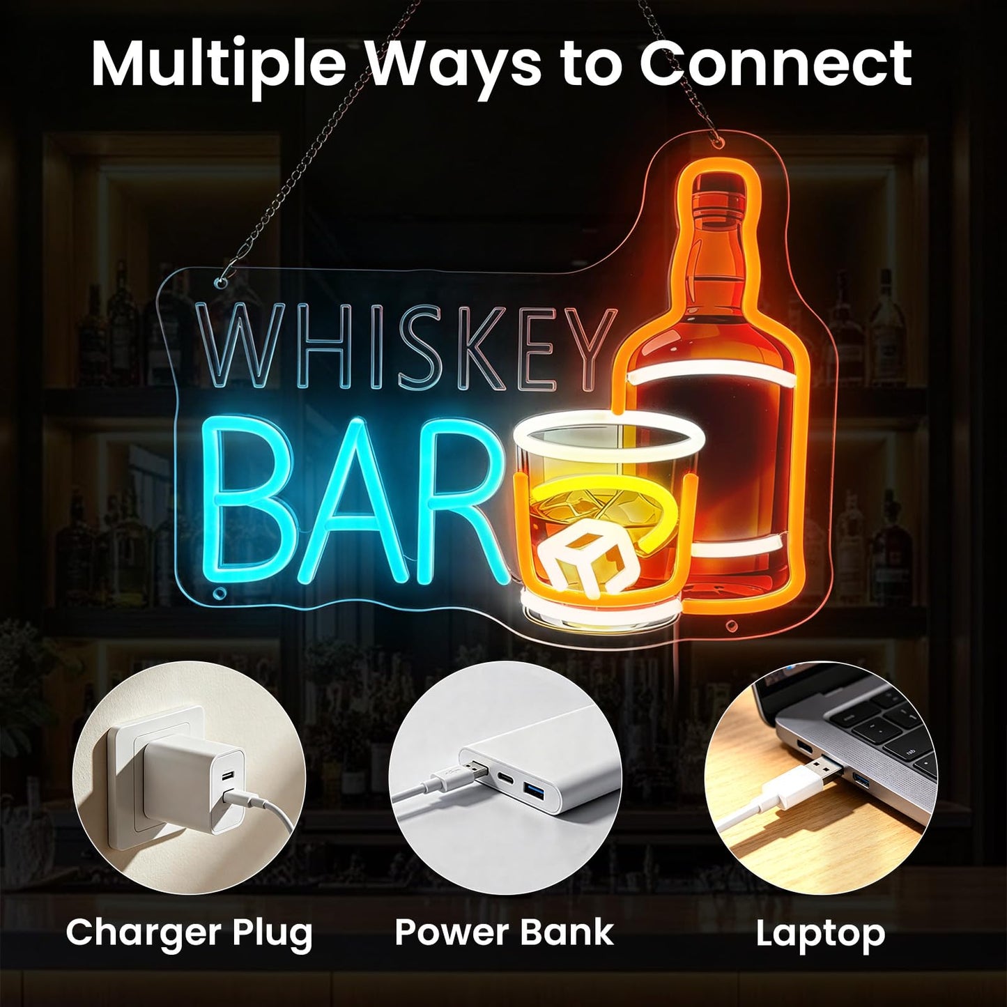 Whiskey Bar Neon Sign, LED Sign for Man Cave Decor, Neon Bar Signs for Home Bar, Bar Wall Art, Cool Whiskey Gifts for Men, Dimmable UV Printed Light Sign, 14.2 x 11.4 In