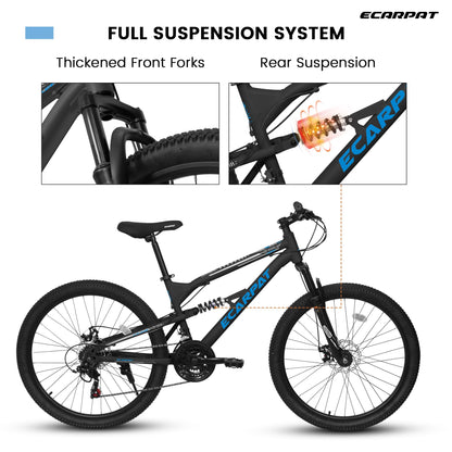 Rycheer 27.5 Inch Men Boys Mountain Bike Full Suspension, 21 Speeds Steel Mountain Bike, Disc Brakes, Adult Sport Bicycle for Trail Snow Commuter City Road