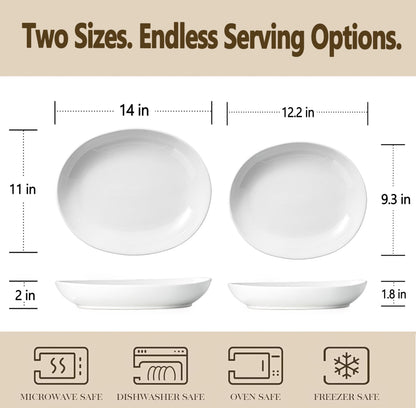 Gacoree Oval Serving Platters Set of 2 (14" & 12"), Large Deep Ceramic Serving Dishes for Entertaining, Turkey, Fish, Salad, Oven Safe White Porcelain Serving Plates