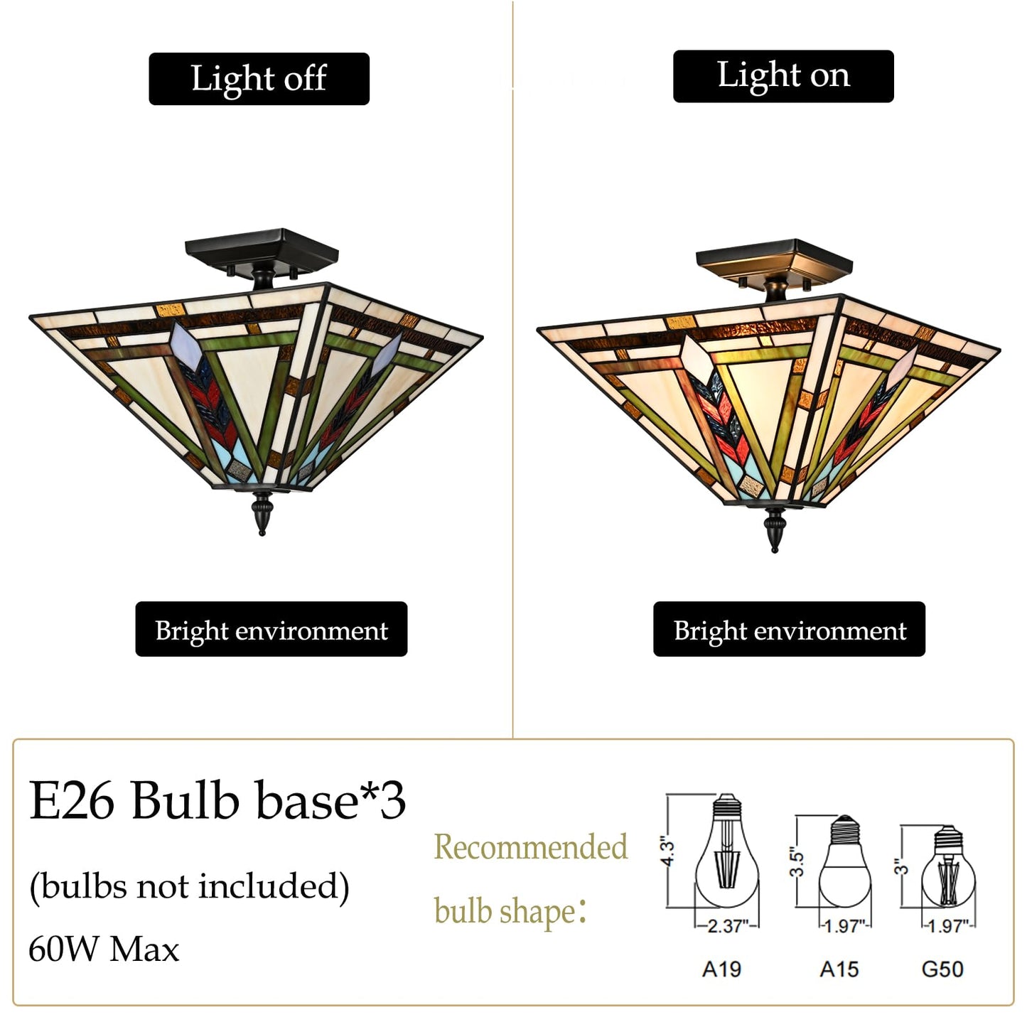 DANSEER Stained Glass Ceiling Light 3-Light Tiffany Style Semi Flush Mount Light Vintage Ceiling Light Fixture with Glass Copper Shade for Hallway Bedroom Living Room Entryway