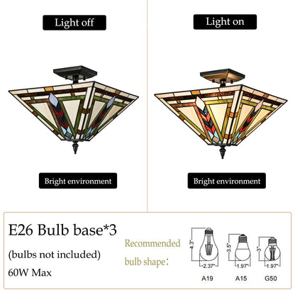 DANSEER Stained Glass Ceiling Light 3-Light Tiffany Style Semi Flush Mount Light Vintage Ceiling Light Fixture with Glass Copper Shade for Hallway Bedroom Living Room Entryway