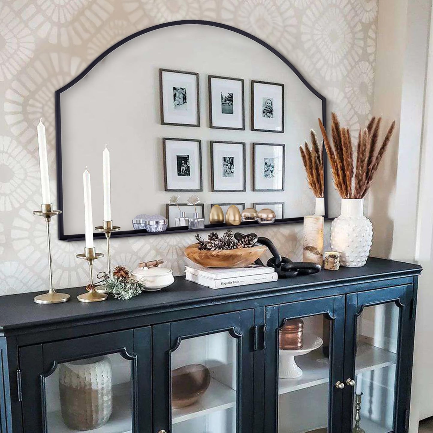 Chende 47''x32'' Large Wall Mirrors for Decor, Black Bathroom Mirror with Removable Shelf, Elegant Scallopd Mirror with Arched Frame for Entryway, Living Room, Mantel, Bedroom