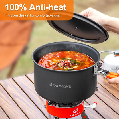 Odoland Camping Cookware Mess Kit, Non-Stick Lightweight Camping Pot and Fry Pan Set with Mesh Bag for Backpacking, Outdoor Cooking and Picnic, for 3-4 People and More