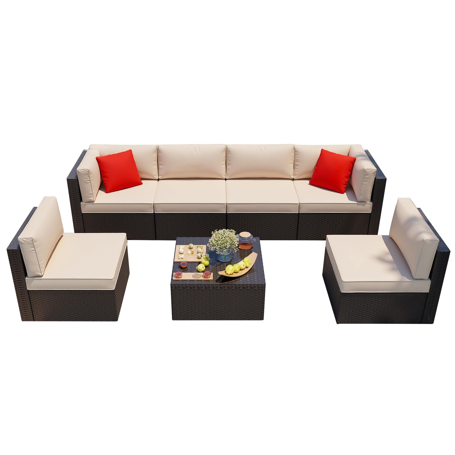 Shintenchi 7 Pieces Patio Furniture Sets Outdoor All-Weather Sectional Patio Sofa Set PE Rattan Manual Weaving Wicker Patio Conversation Set with Glass Table&Ottoman Cushion and Red Pillows, Beige
