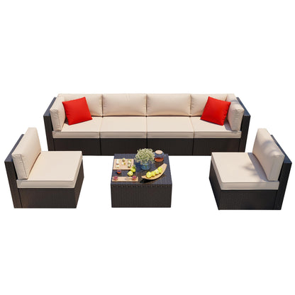 Shintenchi 7 Pieces Patio Furniture Sets Outdoor All-Weather Sectional Patio Sofa Set PE Rattan Manual Weaving Wicker Patio Conversation Set with Glass Table&Ottoman Cushion and Red Pillows, Beige