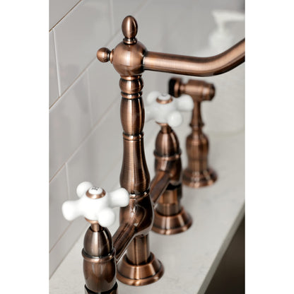 Kingston Brass KS127PXBSAC Heritage Bridge Kitchen Faucet with Brass Sprayer, Antique Copper