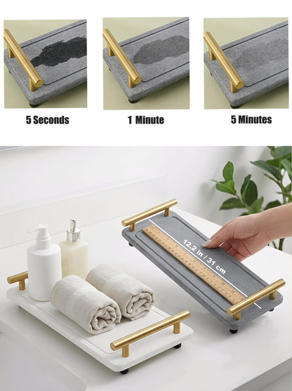 Instant Dry Sink Caddy Organizer,Diatomaceous Earth Bathroom Organizer with Handle Water Absorbing Stone Tray for Sink Water Absorbent Diatomite Coasters (S Gray Gold Handle)