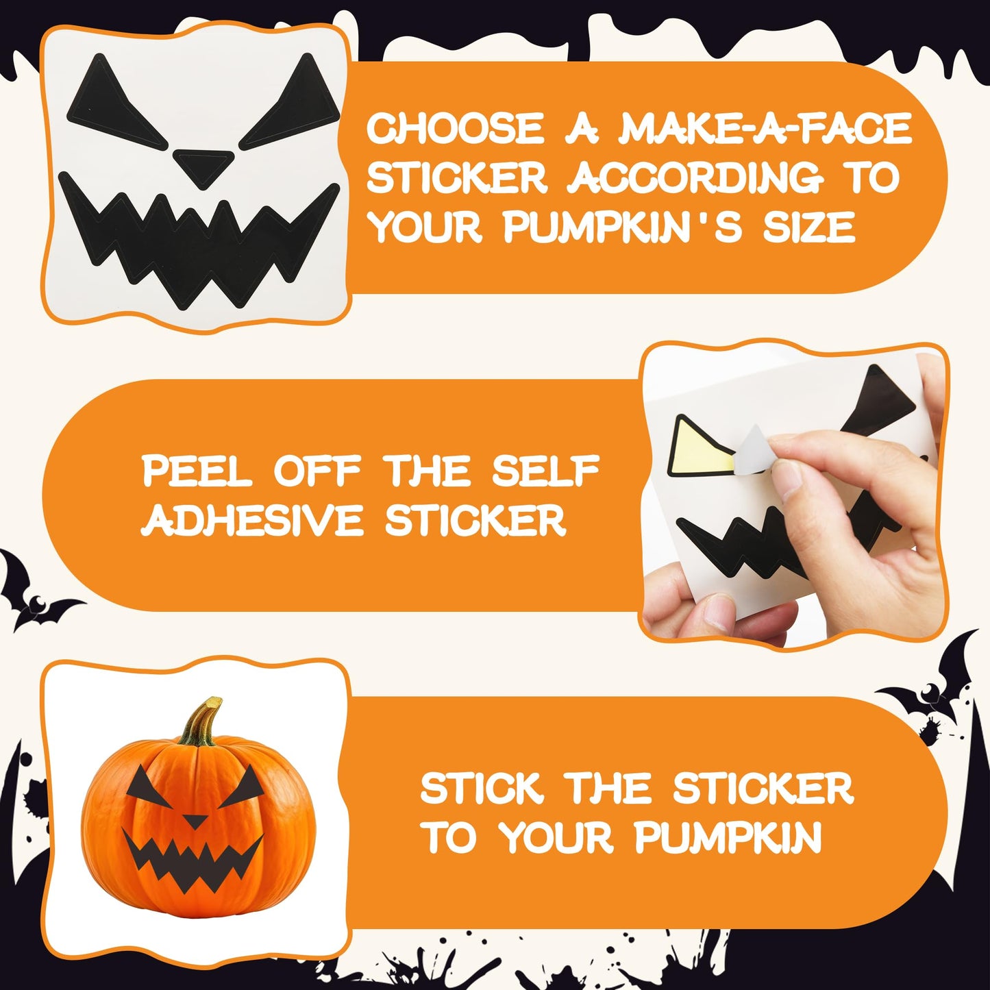 Gustum 80 Designs Pumpkin Stickers for Decorating, Jack-O'-Lantern Face Craft Decals, Pumpkin Carving Stickers Kit, Halloween Decorations Supplies Trick or Treat Party Favors for Kids