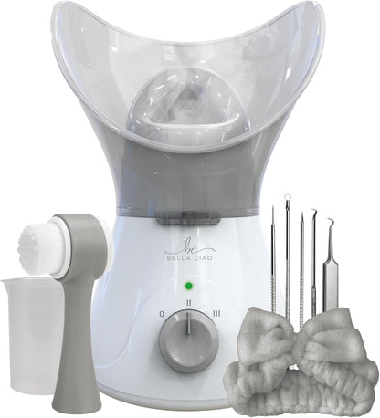 Bella Ciao 11-Piece Gentle Face Steamer Set with 2 Settings, At-Home Facial Spa Kit with Accessories, Facial Essentials, Includes Cleansing Brush and Blackhead-Remover Tools for Deep Pore Cleaning
