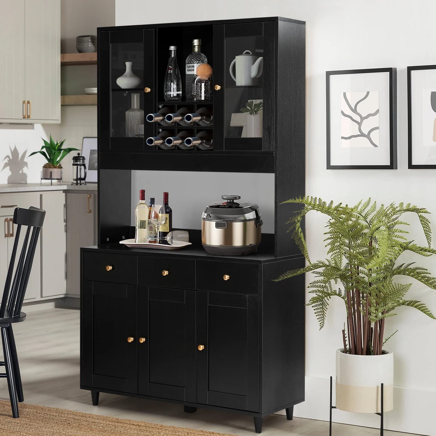 VOWNER 71" Traditional Freestanding Kitchen Pantry Storage Cabinet, Pantry Cabinet with 3 Drawers and 5 Storage Cabinets, Black