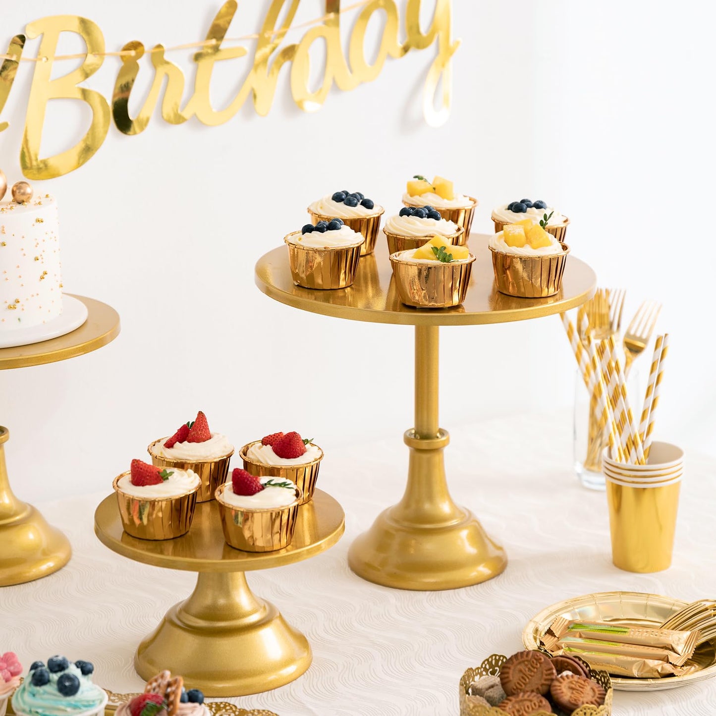 HBlife 3 PCS Gold Cake Stand Set (8"/10"/12" Plate) for 6-10 Inch Cakes, Dessert Table Display Set, Cupcake Stand for Party, Wedding, Birthday, Baby Shower, Anniversary (Metal)