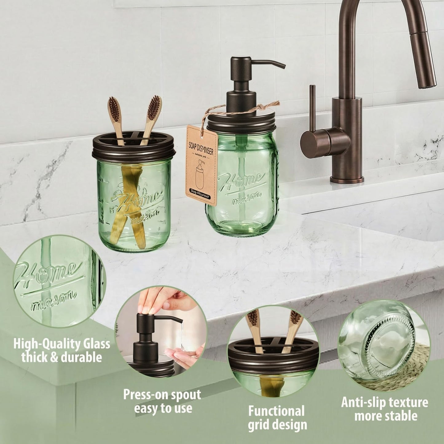 SheeChung Green Bathroom Accessories Set, 6Pcs Mason Jar Glass Bathroom Set, Lotion Soap Dispenser, Toothbrush Holder, Qtip Holder, Soap Dish, Metal Wire Basket, Rustic Farmhouse Bathroom Decor-Bronze
