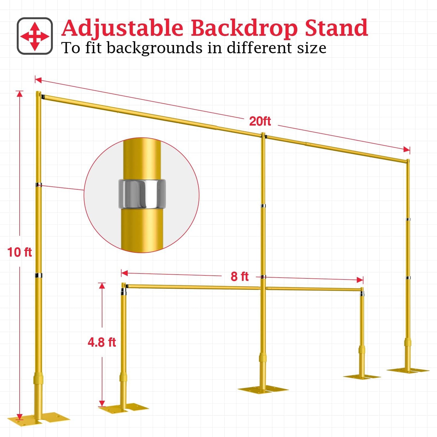EMART Backdrop Stand Heavy Duty 10ftx20ft, Adjustable Pipe and Drape Photo Background Support Kit, Metal Frame with Flat Base for Wedding Birthday Party Banquet Decorations-Gold